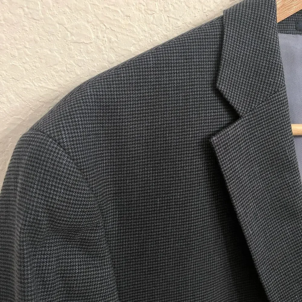 Jos A Bank Linen Cotton Houndstooth Blazer 40L Navy Tailored Fit Elbow Patches
